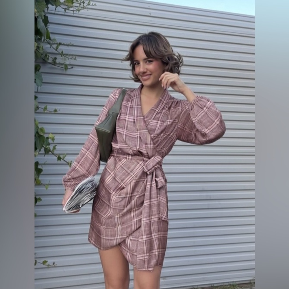 C/MEO Collective Checkered Long Sleeve Dress in Pink and White